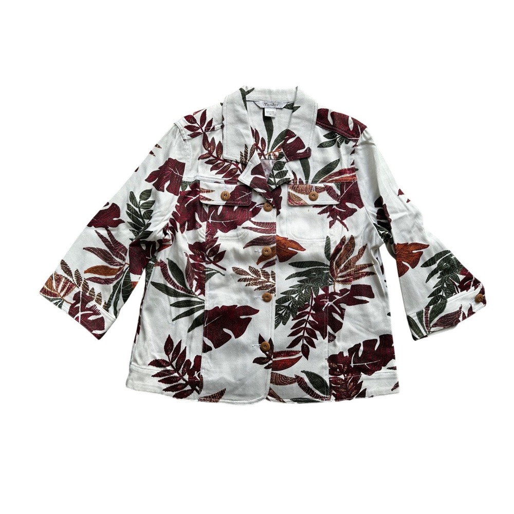 Tanjay‎ Women White Tropical Leaf Print Button Front Jacket Size 12 Cotton Blend